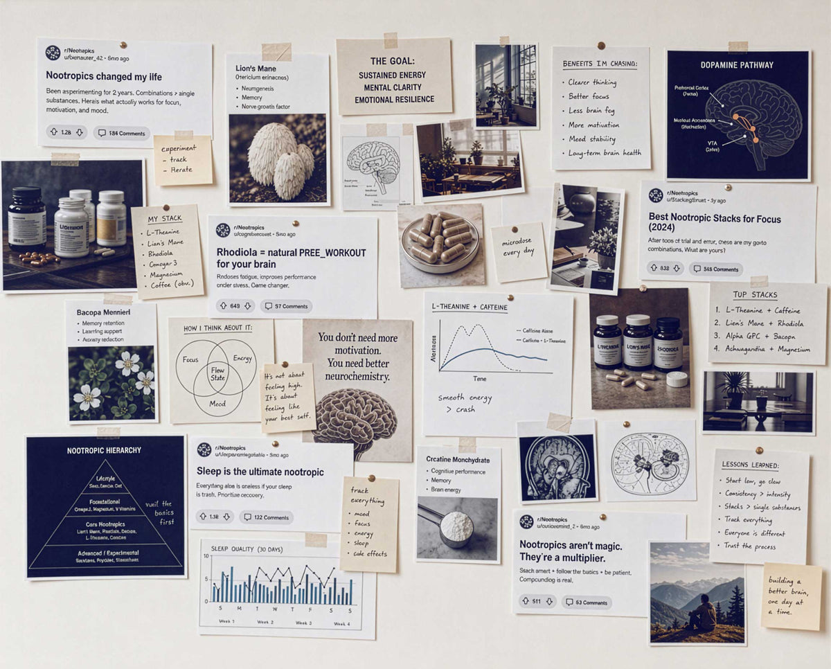 Wall collage of research featuring photos, clippings of articles, for someone who has been researching nootropics on reddit.