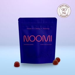 A dark blue stand-up pouch labeled NOOMI with pink text, shown on a soft blue-to-lavender gradient background. Three small red gummies are placed in front of the pouch, and a circular '90 Day Money-Back Guarantee' badge appears in the top right corner.